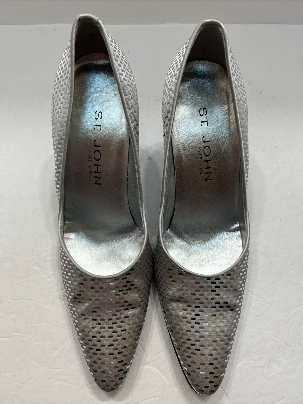 St. John Metallic Silver Woven Pumps Heels 8.5B MINT